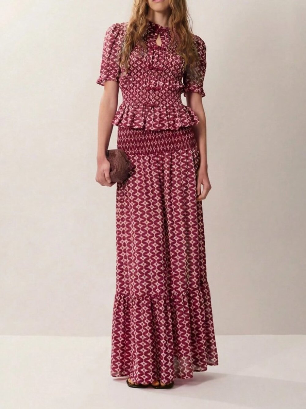 Burgundy Geometric Print Smocked Top & Maxi Skirt Set